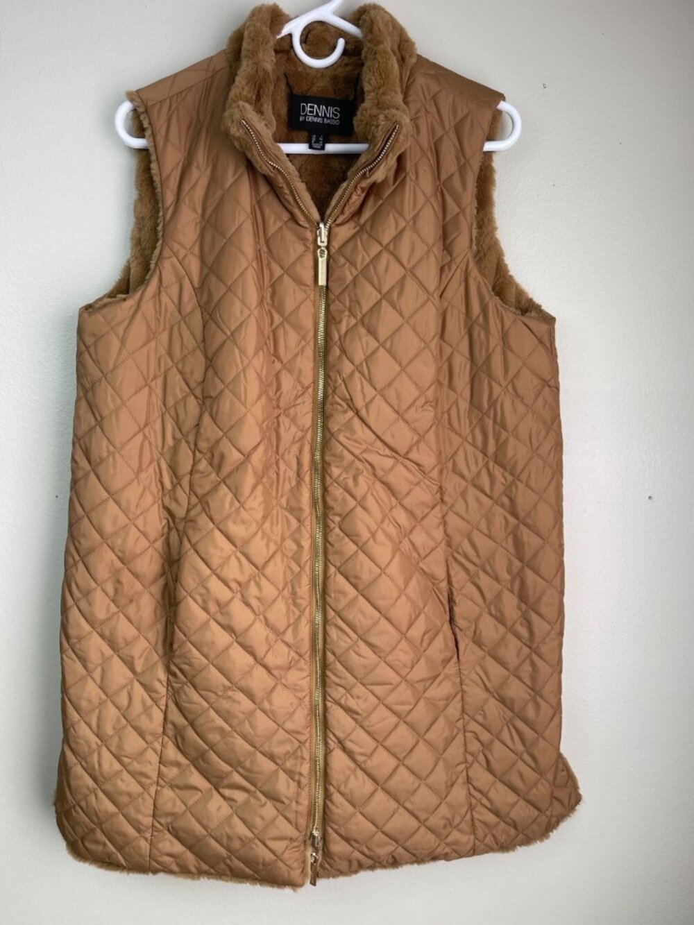 Dennis Basso Reversible Quilted Faux Fur Vest Camel Gold Women's L Zip